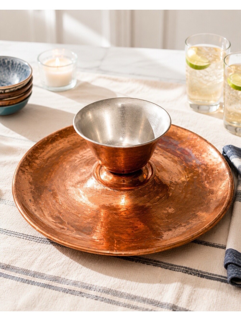 Douro Portugal 1970s Copper Pedestal Bowl and Tray Serving Set Tin-Lined, 12”
